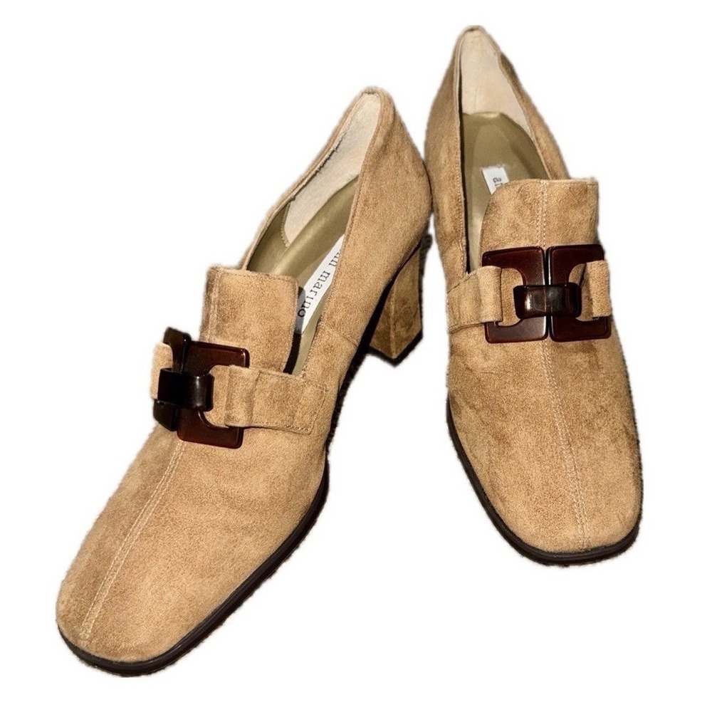 ANN MARINO Vintage Y2K Tan Suede Square Toe Block Heel Pumps Buckle | Women's 9M